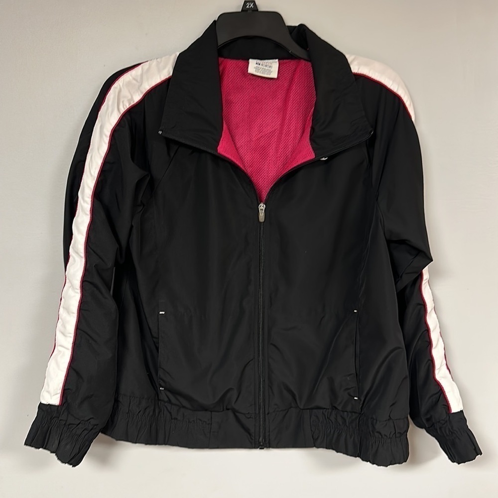 Champion Black Zip Up Windbreaker Jacket, XL, hot pink lining, Striped sleeves